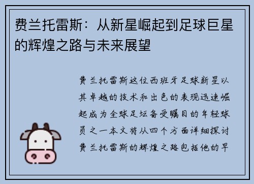 费兰托雷斯：从新星崛起到足球巨星的辉煌之路与未来展望